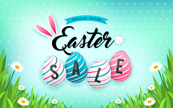Easter Sale vector illustration. Easter eggs, Rabbit ears with text on spring meadow and polka dot gradient background