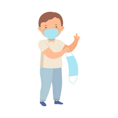 Cute Boy Wearing Face Protective Mask Holding Another One with His Hand Vector Illustration