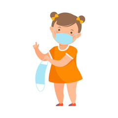 Cute Girl Wearing Face Protective Mask Holding Another One with His Hand Vector Illustration