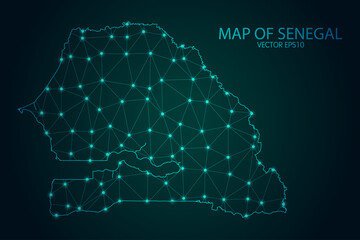 Map of Senegal - With glowing point and lines scales on The Dark Gradient Background, 3D mesh polygonal network connections. Vector illustration eps10.