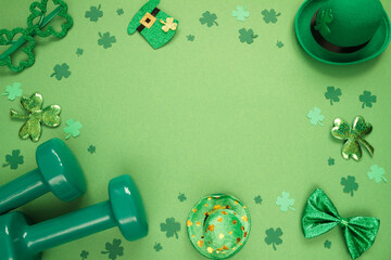 Two heavy dumbbells, Irish hats with leaf clover, shamrock shaped glasses, bow tie. Healthy fitness...