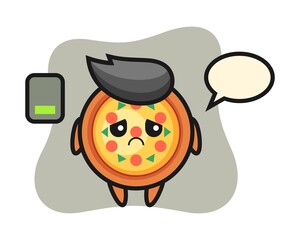 Pizza mascot character doing a tired gesture