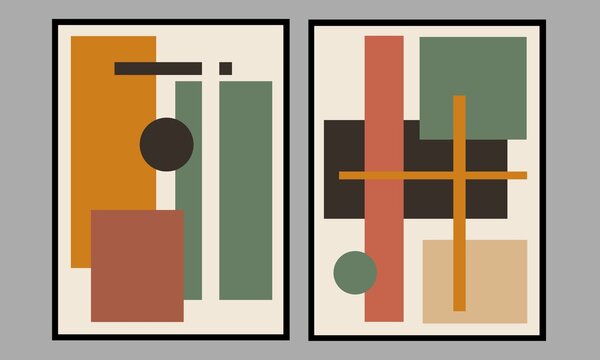 Set two of abstract Geometric mid century modern wall art. Neutral brown color wall decor with Minimalist design concept. Scandinavian style of wall Decorations. Vector Ilustration.