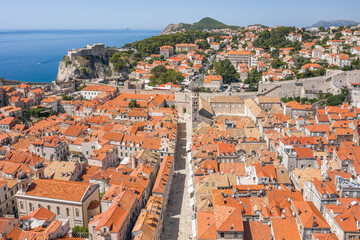 Aerial drone shot of Stradun street in Dubrovnik old town in Croatia summer midday