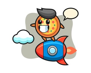 Pizza mascot character riding a rocket