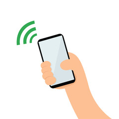 Hand holding smartphone and show to using blutooth for send data to another device.