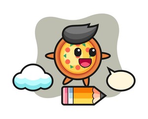 Pizza mascot illustration riding on a giant pencil