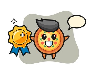 Pizza mascot illustration holding a golden badge