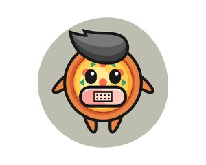 Cartoon illustration of pizza with tape on mouth