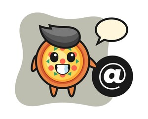 Cartoon illustration of pizza standing beside the At symbol