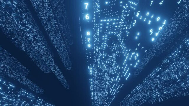 Digital flying background loop. A network of binary data code. Big data. Information, connection, Internet, worldwide network. 3D 4K loop animation. Blue neon backdrop.
