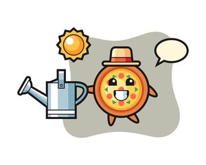 Cartoon character of pizza holding watering can