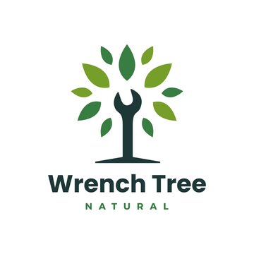 wrench tree leaf service logo vector icon illustration