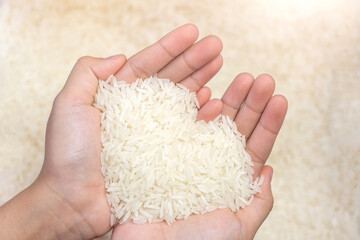 The jasmine rice seeds on the woman hands resemble hearts.