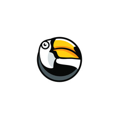 Cute toucan Toco in circle logo. Big yellow beak icon. 
Beautiful Exotic tropical bird.