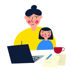 Mother work from home with little daughter. Illustration on white background.