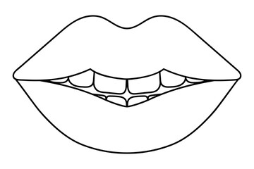Plump lips. Sketch. The seductive mouth is slightly open. Vector illustration. Coloring book for children. Valentines Day. Doodle style. An even row of teeth. Outline on an isolated white background. 