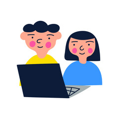 Fototapeta premium Kids watching something on laptop. Vector hand drawn icon illustration on white background.