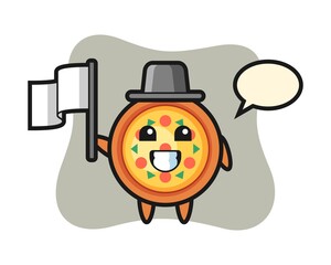 Cartoon character of pizza holding a flag