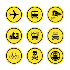 Traffic signs indicating the type of transportation for public and private services, such as airplanes, trains, buses, fire engines, ambulances, police cars, and bicycles 