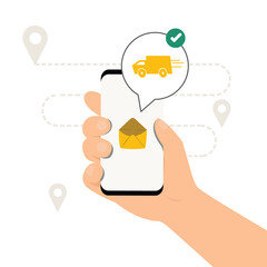 Hand holding mobile, human use application to tracking product online concept.