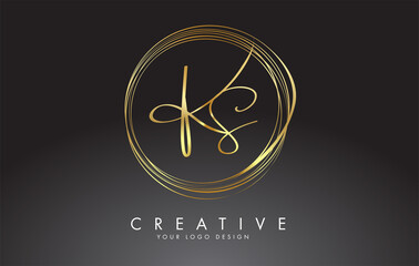 Handwritten KS K S Golden Letters Logo with a minimalist design. KS Icon with Circular Golden Circles.