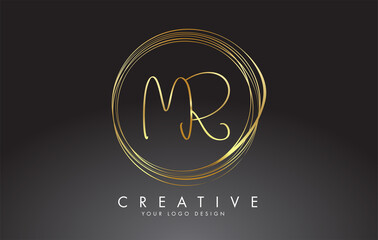 Handwritten MR M R Golden Letters Logo with a minimalist design. MR Icon with Circular Golden Circles.