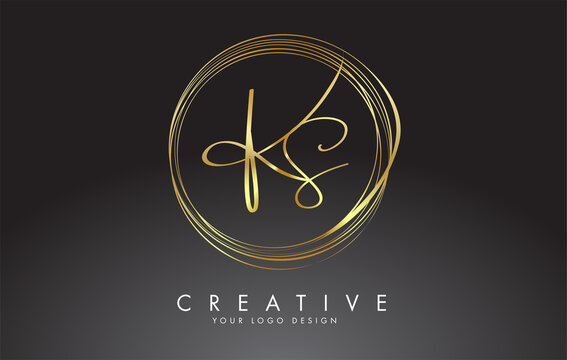 Handwritten KS K S Golden Letters Logo with a minimalist design. KS Icon with Circular Golden Circles.