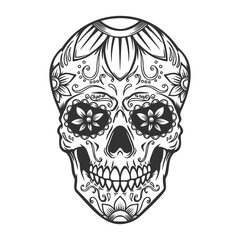 Illustration of mexican sugar skull. Design element for logo, label, sign, poster. Vector illustration