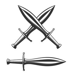 Illustration of knight swords in monochrome style. Design element for logo, label, sign, poster. Vector illustration