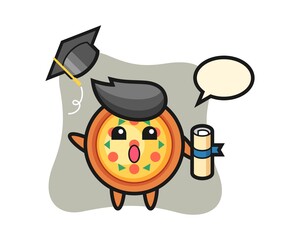 Illustration of pizza cartoon throwing the hat at graduation