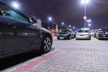 Parking car. Empty road asphalt background. Car lot parking space in underground city garage....