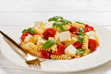 baked feta cheese fusilli pasta, top view