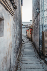 Sunset view of the narrow street in Hongcun village, Anhui province, China.