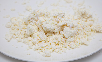 Milk curd on a white plate as a background.