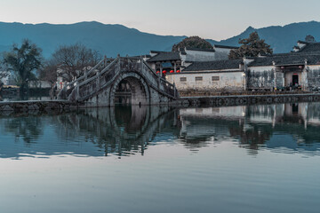 Sunset view of the ancient Chinese architecture in Hongcun village, Anhui province.
