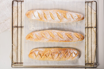 Homemade fresh mouth-watering sourdough baguettes. Homebaked bread. Top view