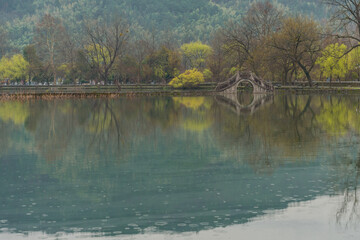 Trees and ancient Chinese stone bridge on a rainy day.