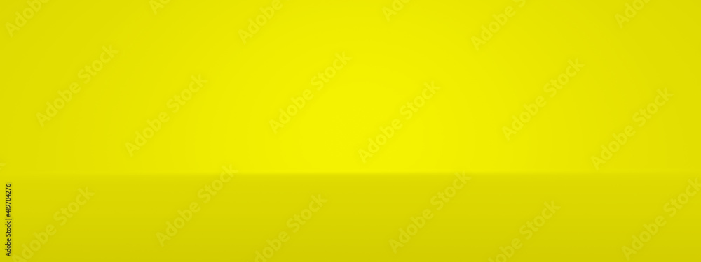 Poster Yellow abstract wide background and vivid light backdrop room with empty blank gradient wallpaper blur design. 3D rendering.