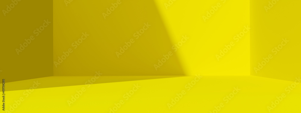 Poster Yellow abstract wide background and vivid light backdrop room with empty blank gradient wallpaper design. 3D rendering.