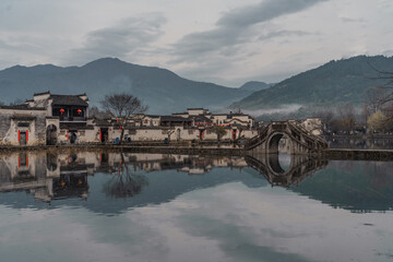 Hongcun village, a traditonal Chinese village in Anhui province, on a rainy day.
