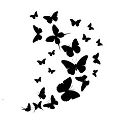 Naklejka na ściany i meble Flock of silhouette black butterflies on white background