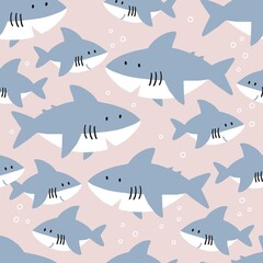 Cute cartoon shark - vector illustration. Seamless pattern - Shark mom and baby