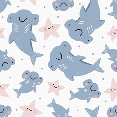 Fototapeta premium Cute cartoon Hammerhead shark - vector illustration. Seamless pattern - Shark mom and baby