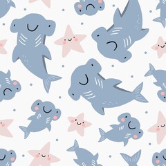 Cute cartoon Hammerhead shark - vector illustration. Seamless pattern - Shark mom and baby