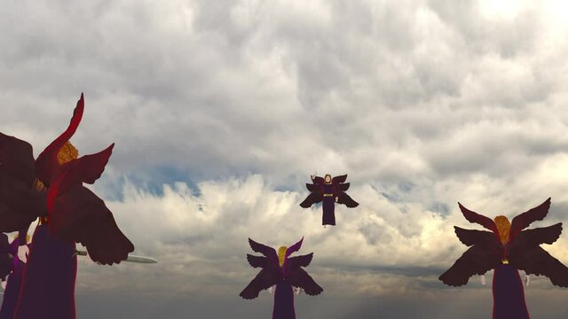 evil seraphim angels Semyaza, suspended in heaven, in heaven, raising sword with his army of angels