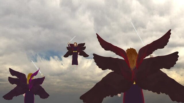 Evil seraphim angels, suspended in the sky, in the sky, raising sword   3d render