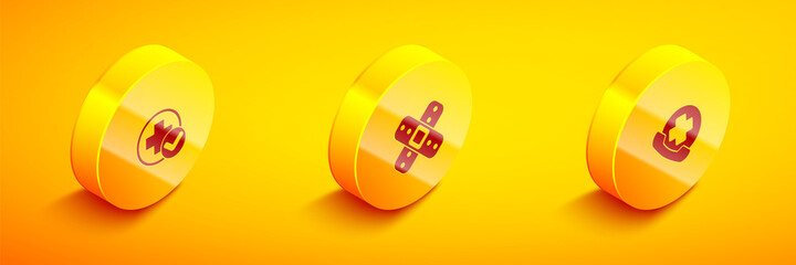 Set Isometric Cross hospital medical, Crossed bandage plaster and Emergency phone call to icon. Vector.
