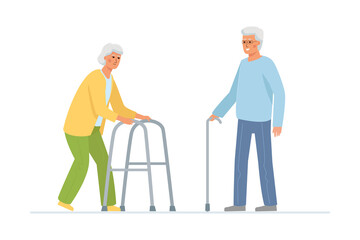 An elderly woman with a walker and a gray-haired man with a cane. Nursing home patients.