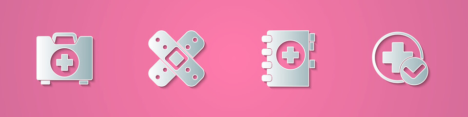 Obraz premium Set paper cut First aid kit, Crossed bandage plaster, Medical clipboard and hospital medical icon. Paper art style. Vector.